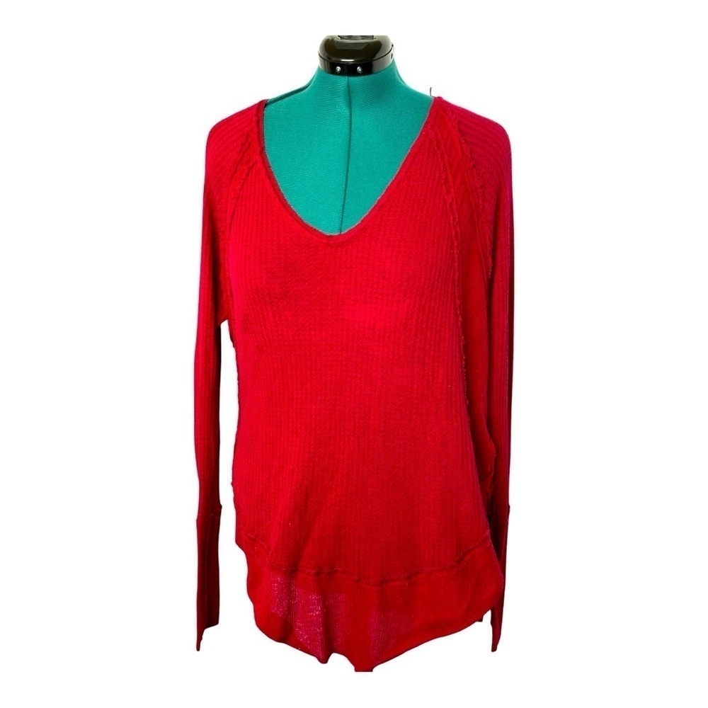 Free People style Women's Red Waffle Weave Popover Top V-neck Ling sleeve